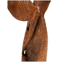 Brown Teak Wood Whale Handmade Tail Live Edge Sculpture with Intricate Carvings Set