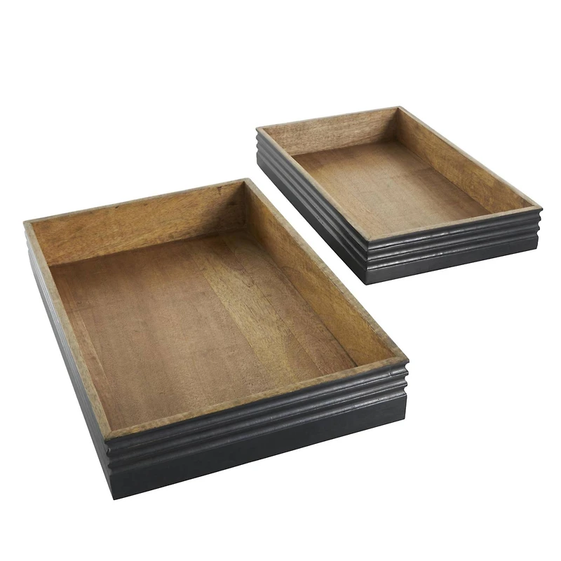 Brown Mango Wood Handmade Tray Set with Black Groove Exterior
