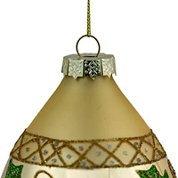 Set of 2 Golden Glitter Holly Finial Christmas Glass Ornaments 5"