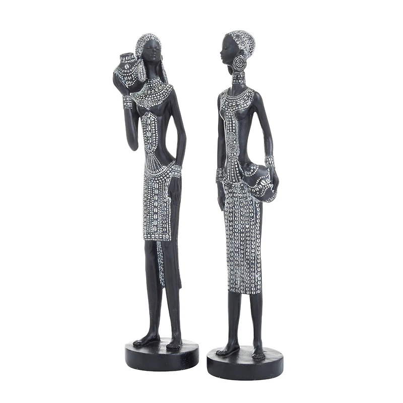 Set of 2 Black Polystone Eclectic Sculptures, 14" x 4" x 3"