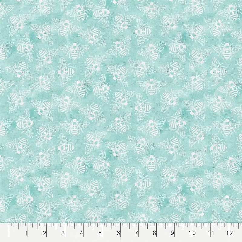 Fabric Editions Turquoise Buzzing Bees Cotton Fabric