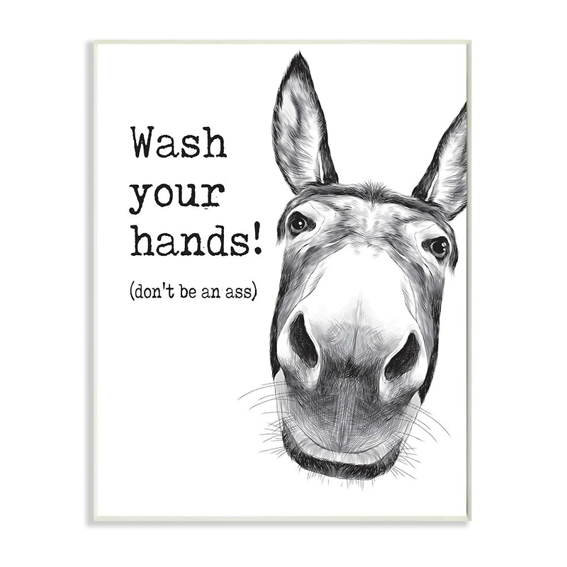 Stupell Industries Wash Your Hands Donkey Quote Bathroom Animal Humor Wood Wall Plaque