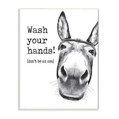 Stupell Industries Wash Your Hands Donkey Quote Bathroom Animal Humor Wood Wall Plaque