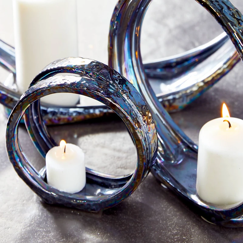 14" Silver Ceramic Glam Candlestick Holder Set