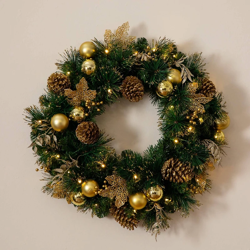 24in. Pre-Lit Artificial Golden Frosted Christmas Wreath with 50 Warm White LED Lights Pinecones, Berries and Ornaments