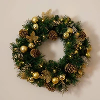 24in. Pre-Lit Artificial Golden Frosted Christmas Wreath with 50 Warm White LED Lights Pinecones, Berries and Ornaments