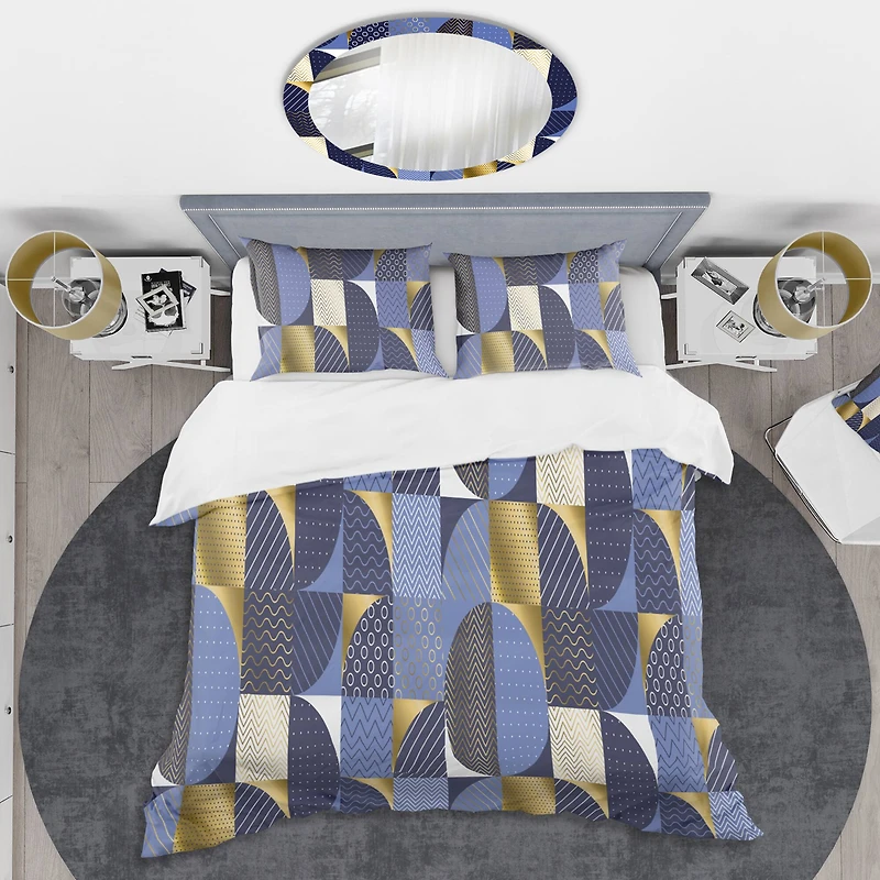 Designart 'Retro Luxury Waves In Gold And Blue IV' Mid-Century Duvet Cover Set