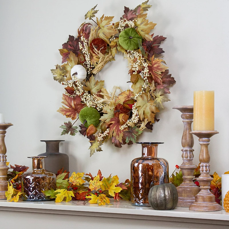 24" Green Pumpkins & Straw Fall Harvest Wreath