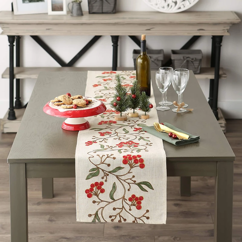 Winter Berries Embroidered Table Runner 14" x 70"
