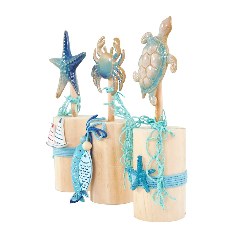11" Blue Ceramic Sea Life Ombre Sculpture Set