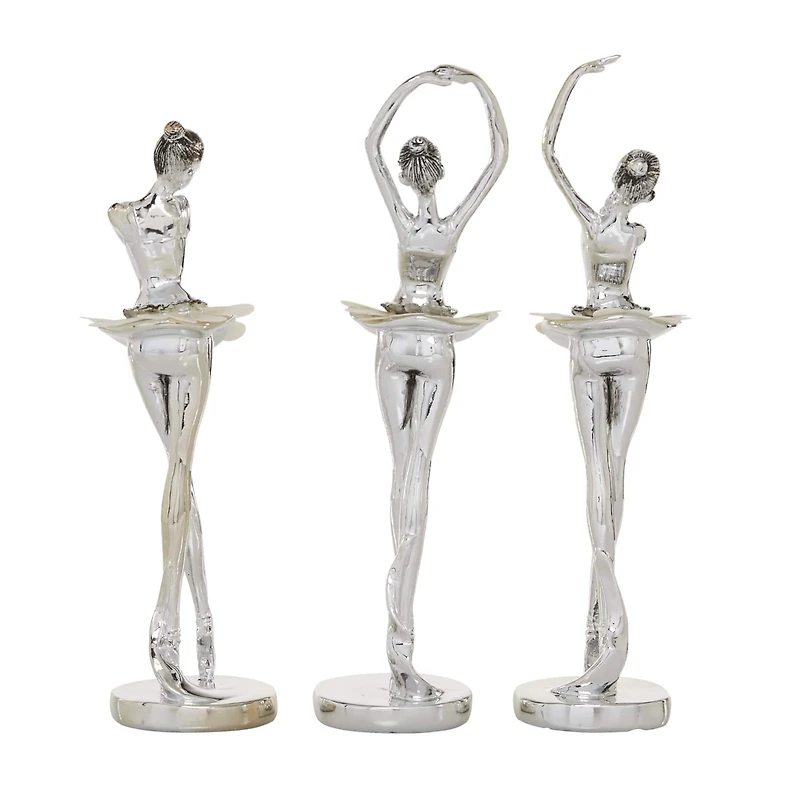 Set of 3 Silver Polystone Glam Dancer Sculpture, 10.75", 11.75", 11.75"