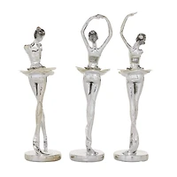 Set of 3 Silver Polystone Glam Dancer Sculpture, 10.75", 11.75", 11.75"