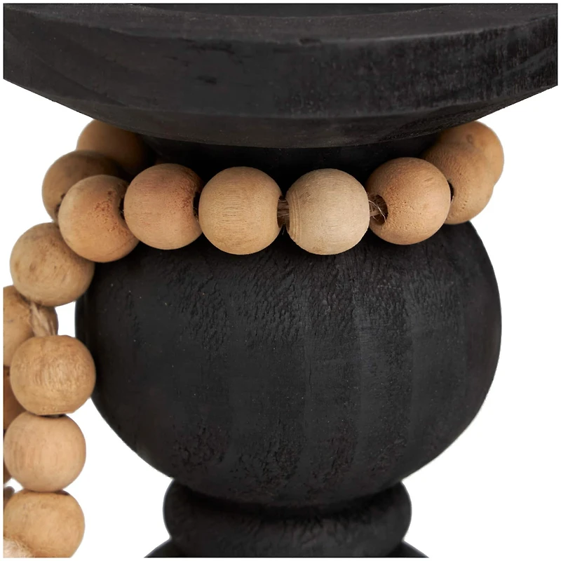 Black Wood Handmade Bubble Inspired Matte Candle Holder with Beaded Garland Set