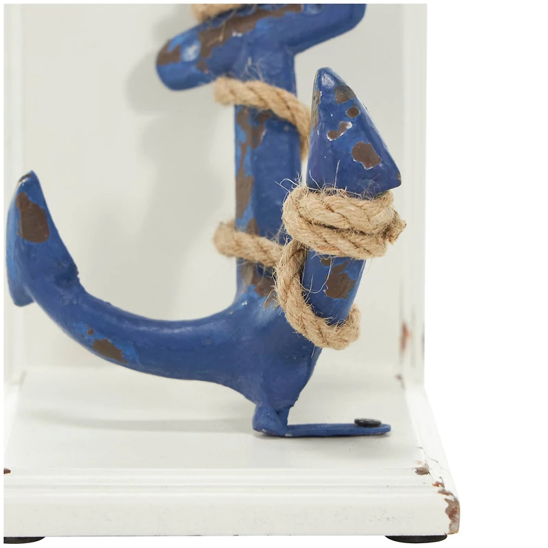8" Blue Wood Anchor Distressed Bookends with Rope Accents & White Wood Stands Set