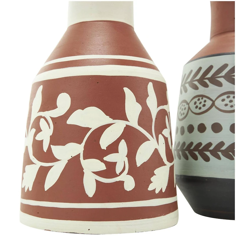 Orange Ceramic Floral Vase Set with 3 Different Patterns & Shapes