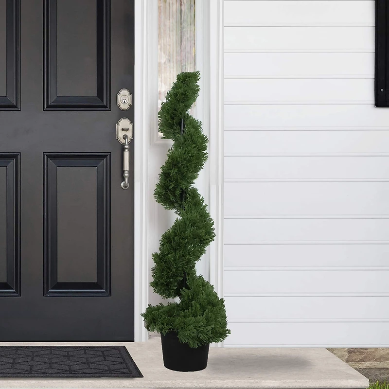 4ft. Unlit Artificial Cedar Spiral Topiary Tree in Black Pot