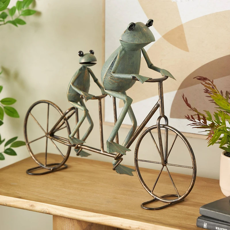 23.5" Frog Duo on Bicycle Metal Garden Sculpture with Gold Accents