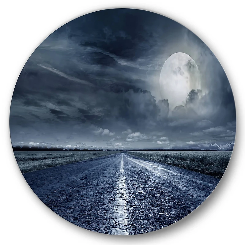 Designart - Asphalt Road Under Cloudy Full Moon II