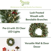 24" LED Frosted Swiss Pine & Berry Artificial Wreath