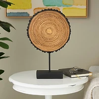 17" Brown Metal Tribal Carved Circular Sculpture with Black Stand & Wavy Edge