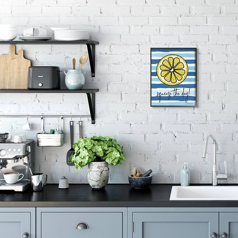 Stupell Industries Squeeze The Day Expression Lemon Nautical Stripes in Frame Wall Art