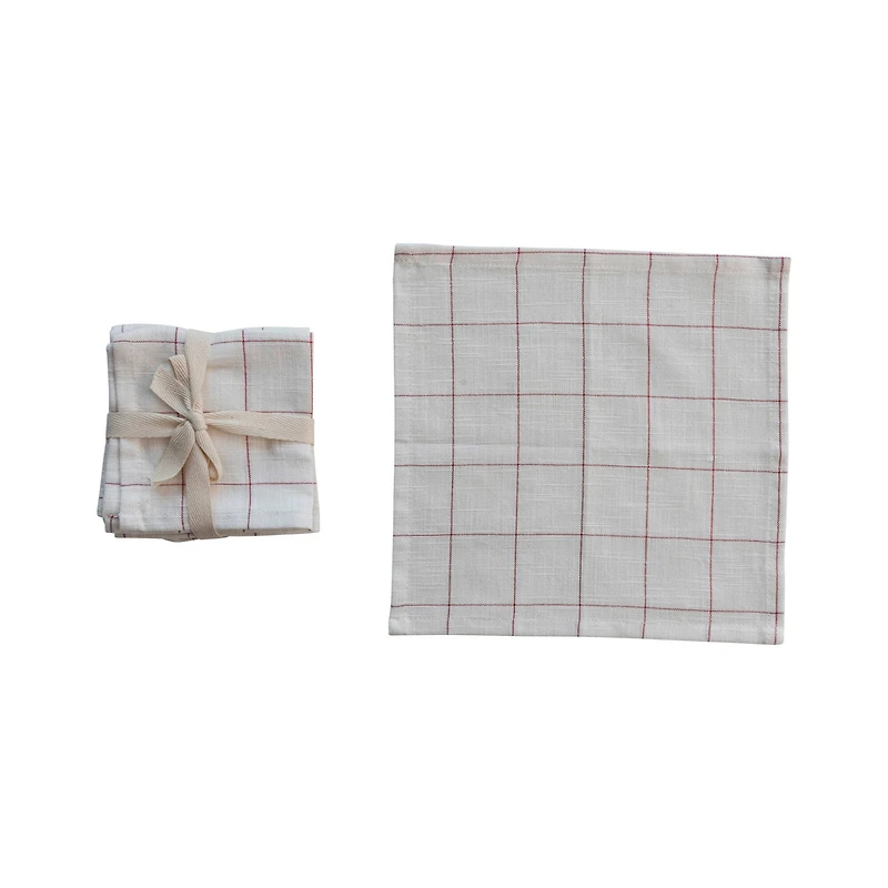 Hello Honey® 10" Cream & Red Cotton Cocktail Napkins with Metallic Grid, 4ct.