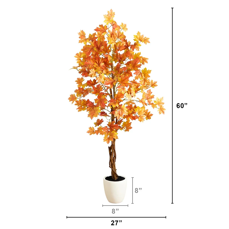 5ft. Artificial Fall Double Trunk Maple Autumn Tree in Decorative White Planter