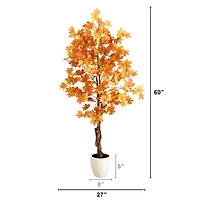 5ft. Artificial Fall Double Trunk Maple Autumn Tree in Decorative White Planter