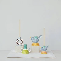 Hello Honey® 6" Yellow & Blue Chirpy Elegance Stoneware Taper Candle Holder