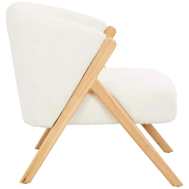 White Polyester Rounded Boucle Accent Chair with Angled Wooden Legs