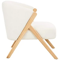 White Polyester Rounded Boucle Accent Chair with Angled Wooden Legs