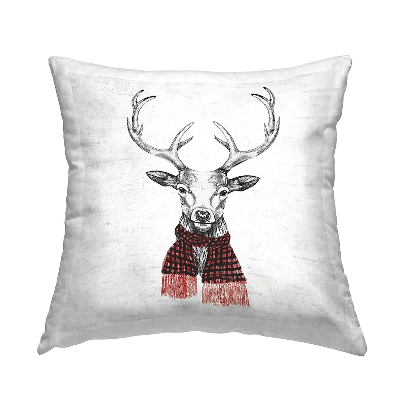 Stupell Industries Winter Deer Red in Plaid Scarf Throw Pillow