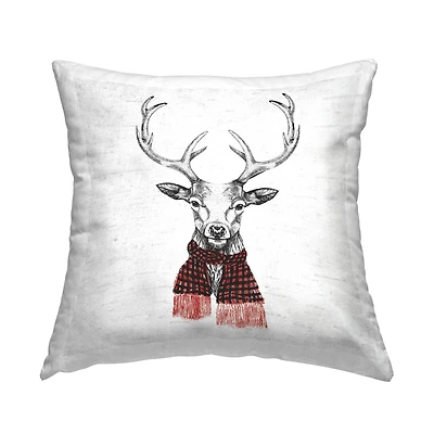 Stupell Industries Winter Deer Red in Plaid Scarf Throw Pillow