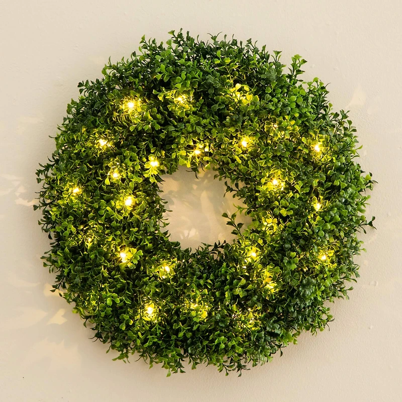 18in. Pre-Lit Artificial Boxwood Wreath with 25 Warm White LED Lights