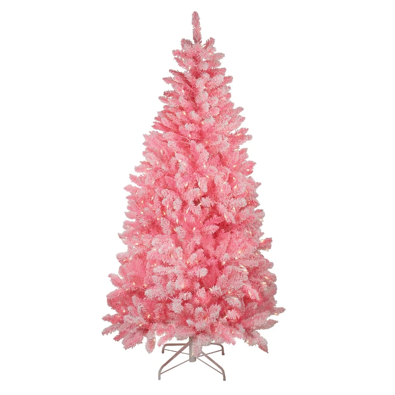 6ft. Pre-Lit Flocked Pink Pine Artificial Christmas Tree, Clear Lights