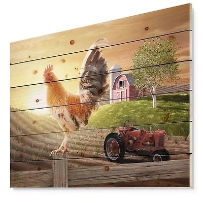 Designart - Country Farm Morning - Farmhouse Animal Painting Print on Natural Pine Wood