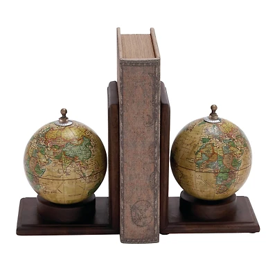 8" Rustic Brown Wood Globe Bookends