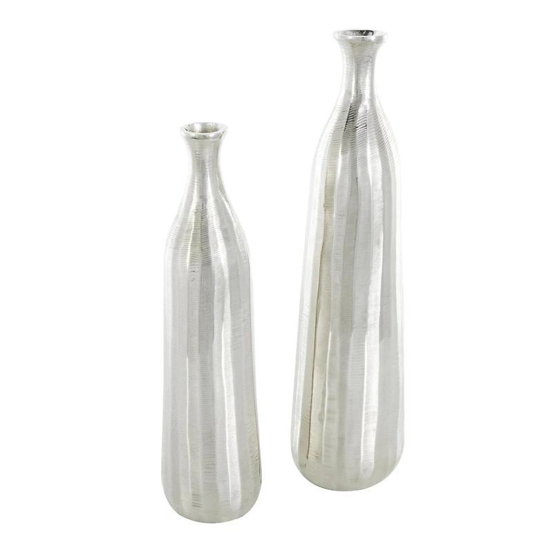 Silver Decorative Aluminum Vase Set with Wavy Accents & Textured Ridges