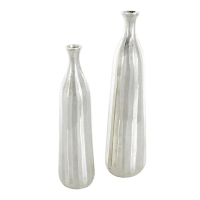 Silver Decorative Aluminum Vase Set with Wavy Accents & Textured Ridges