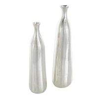 Silver Decorative Aluminum Vase Set with Wavy Accents & Textured Ridges