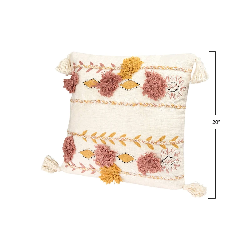 White Embroidered & Appliqued Pillow with Pom Poms & Tassels