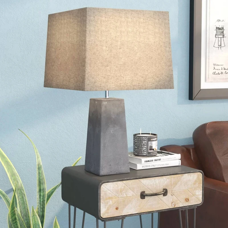 Gray Concrete Cement Accent Table Lamp with Beige Canvas Shade