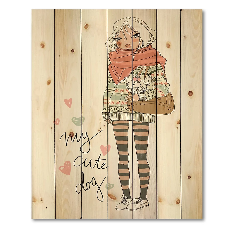 Designart - Cute Girl With Dog - Shabby Chic Print on Natural Pine Wood