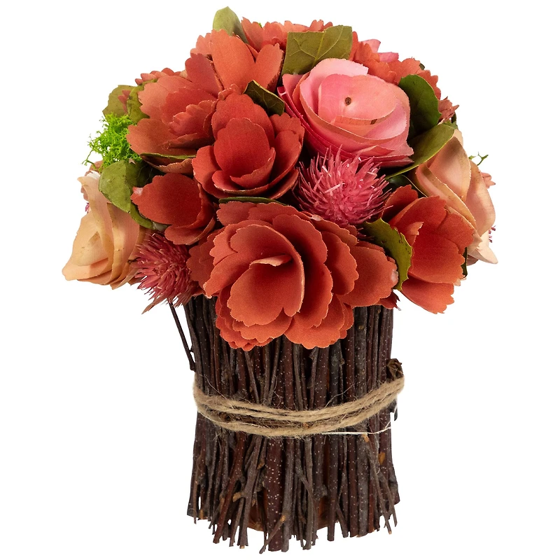 9" Red & Pink Artificial Mixed Floral Wooden Spring Bouquet