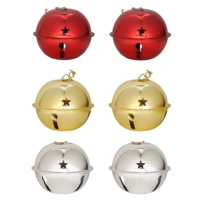 Haute Decor 6ct. 4.7" Shiny Gold, Silver & Red Nesting Jingle Bell Ornaments