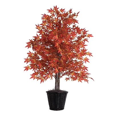 4ft. Artificial Orange Maple Bush with Rattan Basket