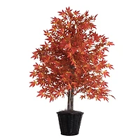 4ft. Artificial Orange Maple Bush with Rattan Basket