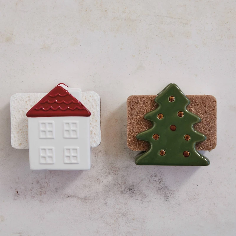 Hello Honey® 4" Green & Brown Stoneware Christmas Tree Shaped Sponge Holders with Sponge & Reactive Glaze, 2ct.
