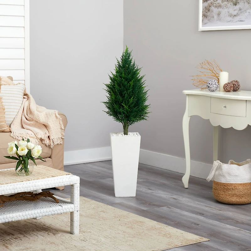 4ft. UV Resistant Cypress Tower Tree in Tall White Planter