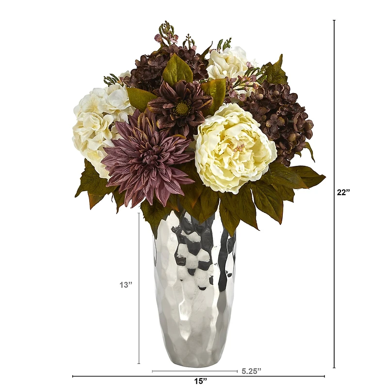 22" Peonies, Hydrangeas & Dahlias in Silver Vase